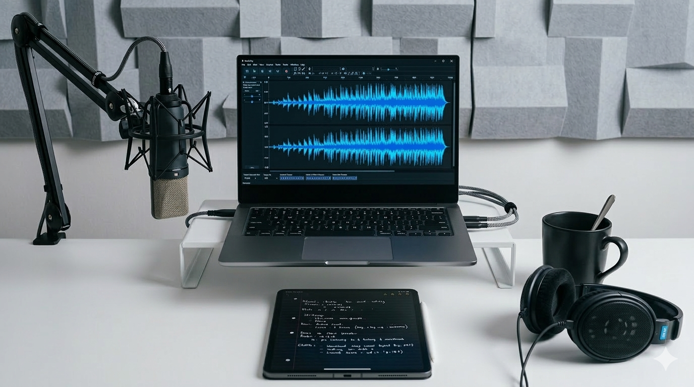 Professionell optimiertes Audio-Ergebnis von meinpodcastservice.de mit sauberer Wellenform und Studio-Ausrüstung