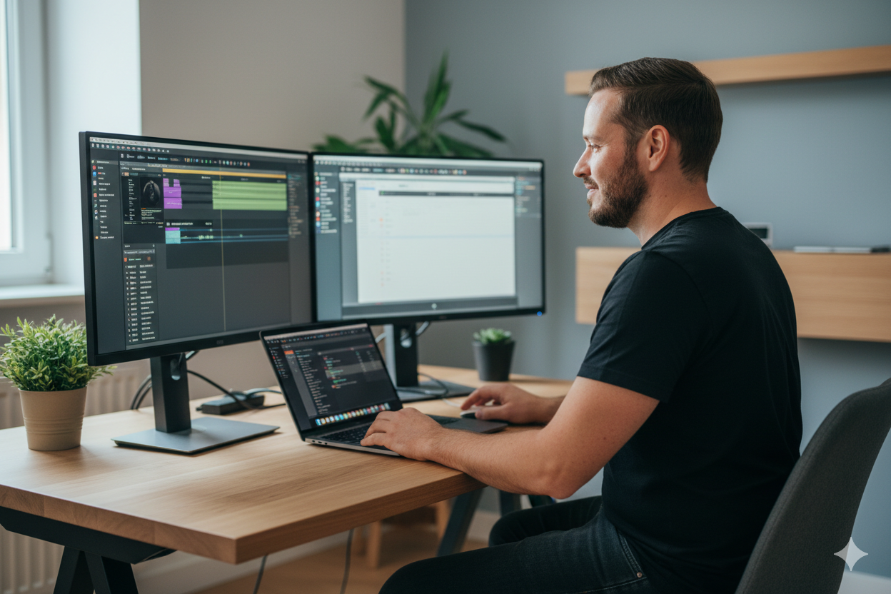 Ein Audio-Engineer arbeitet konzentriert am Multi-Monitor-Setup an einer komplexen Podcast-Schnittfolge
